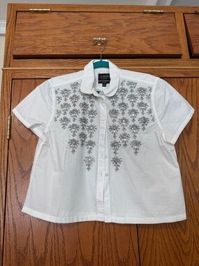 J. Crew White Short-Sleeve Button-Up Shirt with Silver Crystal Embellishments